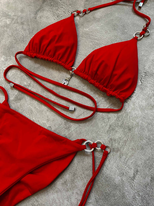 Sexy stylish brazilian bikini "Mad Red Matte" with rings/ swimsuit two-piecies